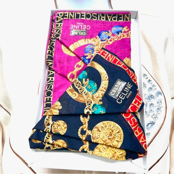 2 New Large Celine Paris Handker/Mini Scarf 20"Cotton Pink Black Gold Chain(51 - Picture 12 of 16